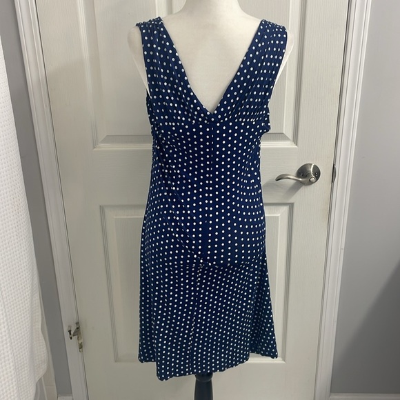 Papillon Sundress Navy White Polka Dot Sleeveless Ruched Stretch V Neck Sz L - Picture 4 of 8